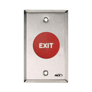 908-RE-TD x 32D Dormakaba RCI Exit Symbol Electronic Time Delay Mushroom Button - Brushed Stainless Steel Faceplate - Red Cap