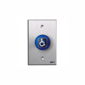 916-BH-TD x 28 Dormakaba RCI Handicap Symbol Electronic Time Delay Tamper-proof Handicap Mushroom Button - Brushed Anodized Aluminum Faceplate - Blue Cap
