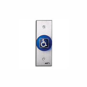 916N-BH-MO x 28 Dormakaba RCI Narrow Handicap Symbol Momentary Action Tamper-proof Handicap Mushroom Button - Brushed Anodized Aluminum Faceplate - Blue Cap