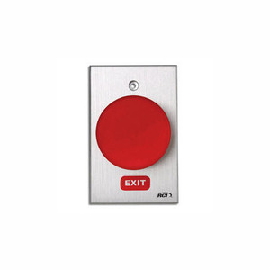 990-RE-MO x 28 Dormakaba RCI Exit Symbol Momentary Action Oversized Tamper-proof Button - Brushed Anodized Aluminum Faceplate - Red Cap