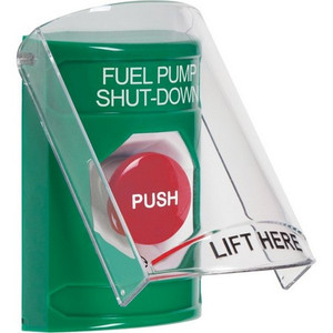 SS2121PS-EN STI Green Indoor Only Flush or Surface Turn-to-Reset Stopper Station with FUEL PUMP SHUT DOWN Label English