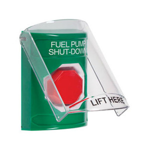 SS2125PS-EN STI Green Indoor Only Flush or Surface Momentary (Illuminated) Stopper Station with FUEL PUMP SHUT DOWN Label English