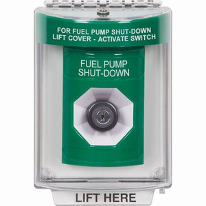 SS2133PS-EN STI Green Indoor/Outdoor Flush Key-to-Activate Stopper Station with FUEL PUMP SHUT DOWN Label English