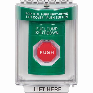 SS2135PS-EN STI Green Indoor/Outdoor Flush Momentary (Illuminated) Stopper Station with FUEL PUMP SHUT DOWN Label English