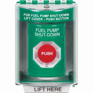 SS2171PS-EN STI Green Indoor/Outdoor Surface Turn-to-Reset Stopper Station with FUEL PUMP SHUT DOWN Label English