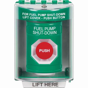 SS2174PS-EN STI Green Indoor/Outdoor Surface Momentary Stopper Station with FUEL PUMP SHUT DOWN Label English