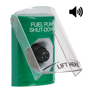 SS21A3PS-EN STI Green Indoor Only Flush or Surface w/ Horn Key-to-Activate Stopper Station with FUEL PUMP SHUT DOWN Label English