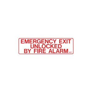 BC2P Dormakaba RCI 13" W x 4" H Building Code Sign - Emergency Exit Unlocked by Fire Alarm - Printed in Red on Clear Plexiglass