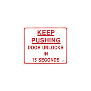 BC3MS Dormakaba RCI 14" W x 12" H Building Code Sign - Keep Pushing Door Unlocks in 15 Seconds - Printed in Red on Clear Mylar - SPANISH