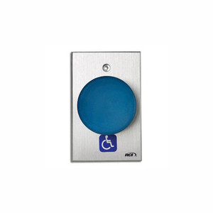 990-BH-TD x 28 Dormakaba RCI Handicap Symbol Electronic Time Delay Oversized Tamper-proof Button - Brushed Anodized Aluminum Faceplate - Blue Cap