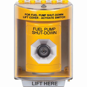 SS2273PS-EN STI Yellow Indoor/Outdoor Surface Key-to-Activate Stopper Station with FUEL PUMP SHUT DOWN Label English