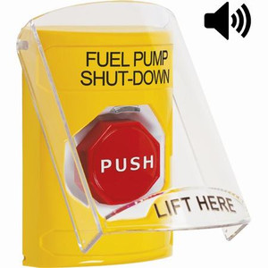 SS22A5PS-EN STI Yellow Indoor Only Flush or Surface w/ Horn Momentary (Illuminated) Stopper Station with FUEL PUMP SHUT DOWN Label English