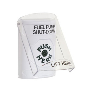 SS2320PS-EN STI White Indoor Only Flush or Surface Key-to-Reset Stopper Station with FUEL PUMP SHUT DOWN Label English