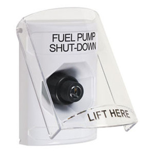 SS2323PS-EN STI White Indoor Only Flush or Surface Key-to-Activate Stopper Station with FUEL PUMP SHUT DOWN Label English
