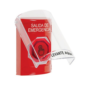 SS2026EX-ES STI Red Indoor Only Flush or Surface Momentary (Illuminated) with Red Lens Stopper Station with EMERGENCY EXIT Label Spanish