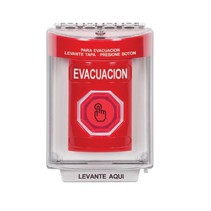 SS2046EV-ES STI Red Indoor/Outdoor Flush w/ Horn Momentary (Illuminated) with Red Lens Stopper Station with EVACUATION Label Spanish