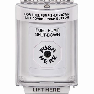 SS2340PS-EN STI White Indoor/Outdoor Flush w/ Horn Key-to-Reset Stopper Station with FUEL PUMP SHUT DOWN Label English