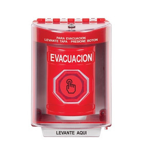 SS2087EV-ES STI Red Indoor/Outdoor Surface w/ Horn Weather Resistant Momentary (Illuminated) with Red Lens Stopper Station with EVACUATION Label Spanish