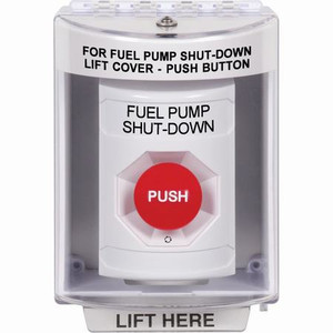SS2371PS-EN STI White Indoor/Outdoor Surface Turn-to-Reset Stopper Station with FUEL PUMP SHUT DOWN Label English