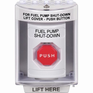 SS2372PS-EN STI White Indoor/Outdoor Surface Key-to-Reset (Illuminated) Stopper Station with FUEL PUMP SHUT DOWN Label English