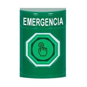 SS2107EM-ES STI Green No Cover Weather Resistant Momentary (Illuminated) with Green Lens Stopper Station with EMERGENCY Label Spanish