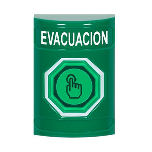 SS2107EV-ES STI Green No Cover Weather Resistant Momentary (Illuminated) with Green Lens Stopper Station with EVACUATION Label Spanish