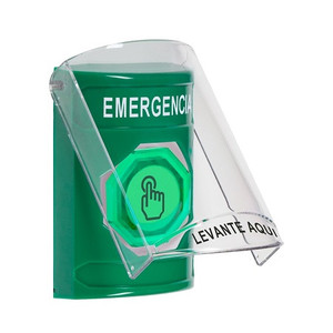 SS2126EM-ES STI Green Indoor Only Flush or Surface Momentary (Illuminated) with Green Lens Stopper Station with EMERGENCY Label Spanish