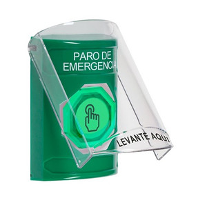 SS2126ES-ES STI Green Indoor Only Flush or Surface Momentary (Illuminated) with Green Lens Stopper Station with EMERGENCY STOP Label Spanish