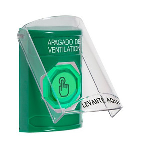 SS2126HV-ES STI Green Indoor Only Flush or Surface Momentary (Illuminated) with Green Lens Stopper Station with HVAC SHUT DOWN Label Spanish