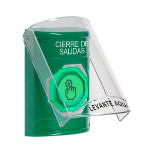 SS2126LD-ES STI Green Indoor Only Flush or Surface Momentary (Illuminated) with Green Lens Stopper Station with LOCKDOWN Label Spanish