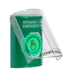 SS2126PO-ES STI Green Indoor Only Flush or Surface Momentary (Illuminated) with Green Lens Stopper Station with EMERGENCY POWER OFF Label Spanish