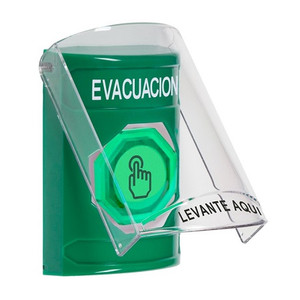 SS2127EV-ES STI Green Indoor Only Flush or Surface Weather Resistant Momentary (Illuminated) with Green Lens Stopper Station with EVACUATION Label Spanish