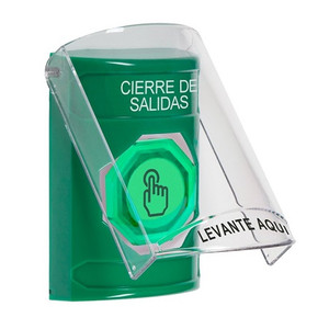 SS2127LD-ES STI Green Indoor Only Flush or Surface Weather Resistant Momentary (Illuminated) with Green Lens Stopper Station with LOCKDOWN Label Spanish