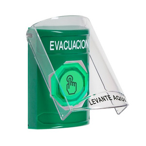 SS21A7EV-ES STI Green Indoor Only Flush or Surface w/ Horn Weather Resistant Momentary (Illuminated) with Green Lens Stopper Station with EVACUATION Label Spanish