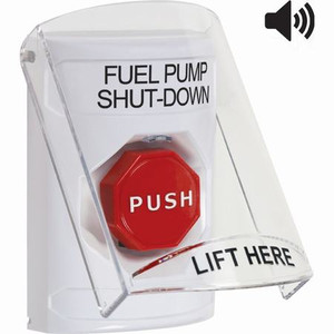 SS23A5PS-EN STI White Indoor Only Flush or Surface w/ Horn Momentary (Illuminated) Stopper Station with FUEL PUMP SHUT DOWN Label English