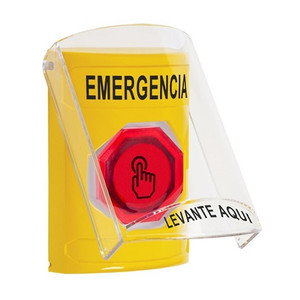 SS2227EM-ES STI Yellow Indoor Only Flush or Surface Weather Resistant Momentary (Illuminated) with Red Lens Stopper Station with EMERGENCY Label Spanish