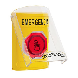 SS22A6EM-ES STI Yellow Indoor Only Flush or Surface w/ Horn Momentary (Illuminated) with Red Lens Stopper Station with EMERGENCY Label Spanish