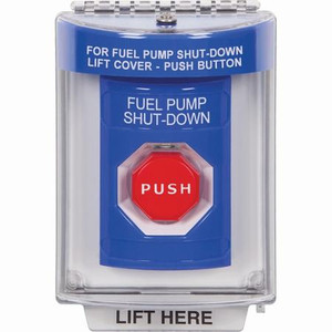 SS2435PS-EN STI Blue Indoor/Outdoor Flush Momentary (Illuminated) Stopper Station with FUEL PUMP SHUT DOWN Label English