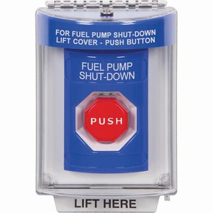 SS2442PS-EN STI Blue Indoor/Outdoor Flush w/ Horn Key-to-Reset (Illuminated) Stopper Station with FUEL PUMP SHUT DOWN Label English