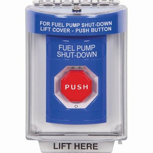 SS2449PS-EN STI Blue Indoor/Outdoor Flush w/ Horn Turn-to-Reset (Illuminated) Stopper Station with FUEL PUMP SHUT DOWN Label English