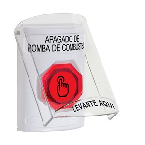 SS23A6PS-ES STI White Indoor Only Flush or Surface w/ Horn Momentary (Illuminated) with Red Lens Stopper Station with FUEL PUMP SHUT DOWN Label Spanish