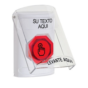 SS23A6ZA-ES STI White Indoor Only Flush or Surface w/ Horn Momentary (Illuminated) with Red Lens Stopper Station with Non-Returnable Custom Text Label Spanish