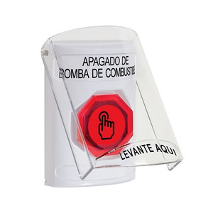 SS23A7PS-ES STI White Indoor Only Flush or Surface w/ Horn Weather Resistant Momentary (Illuminated) with Red Lens Stopper Station with FUEL PUMP SHUT DOWN Label Spanish