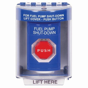 SS2482PS-EN STI Blue Indoor/Outdoor Surface w/ Horn Key-to-Reset (Illuminated) Stopper Station with FUEL PUMP SHUT DOWN Label English