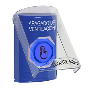 SS2427HV-ES STI Blue Indoor Only Flush or Surface Weather Resistant Momentary (Illuminated) with Blue Lens Stopper Station with HVAC SHUT DOWN Label Spanish