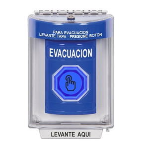 SS2447EV-ES STI Blue Indoor/Outdoor Flush w/ Horn Weather Resistant Momentary (Illuminated) with Blue Lens Stopper Station with EVACUATION Label Spanish