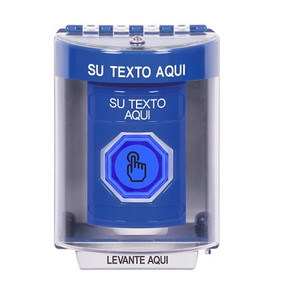 SS2476ZA-ES STI Blue Indoor/Outdoor Surface Momentary (Illuminated) with Blue Lens Stopper Station with Non-Returnable Custom Text Label Spanish