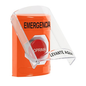 SS2521EM-ES STI Orange Indoor Only Flush or Surface Turn-to-Reset Stopper Station with EMERGENCY Label Spanish