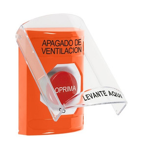 SS2521HV-ES STI Orange Indoor Only Flush or Surface Turn-to-Reset Stopper Station with HVAC SHUT DOWN Label Spanish
