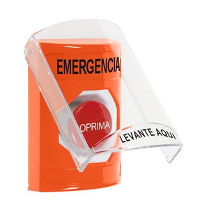 SS2524EM-ES STI Orange Indoor Only Flush or Surface Momentary Stopper Station with EMERGENCY Label Spanish